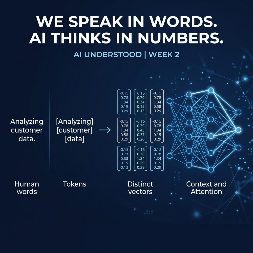 WE SPEAK IN WORDS. AI THINKS IN NUMBERS. AI UNDERSTOOD | WEEK 2. Analyzing customer data. [Analyzing] [customer] [data] → Human words, Tokens, Distinct vectors, Context and Attention.
